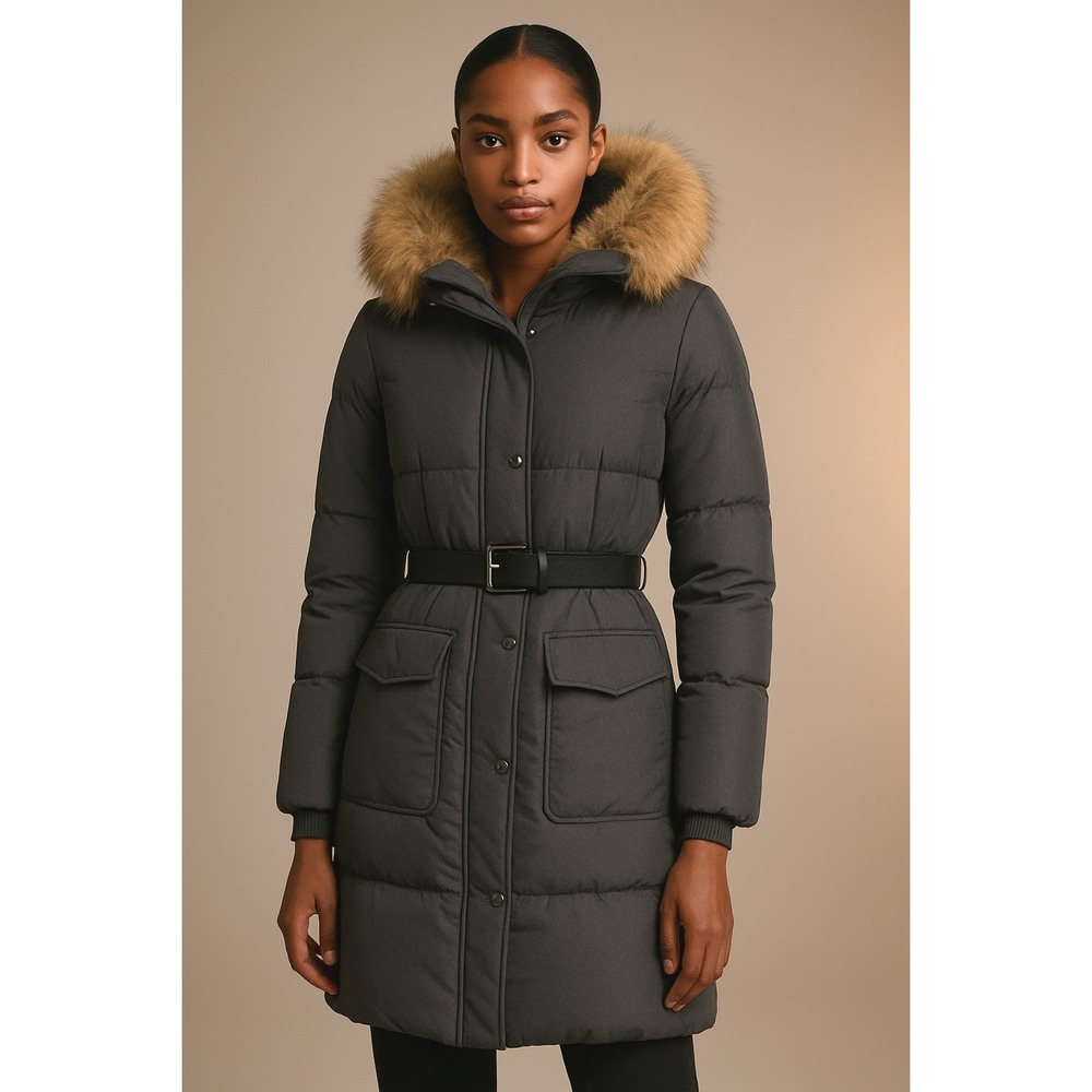 Theory Puffer Long Coat Lt Gray Sydnie Technical Goose Down Real Fur Belted Sz P